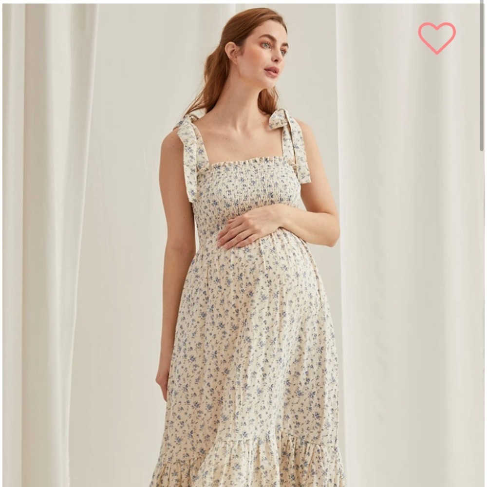 Smocked muslin maternity dress, cream/purple floral. Maternity shoots, showers.